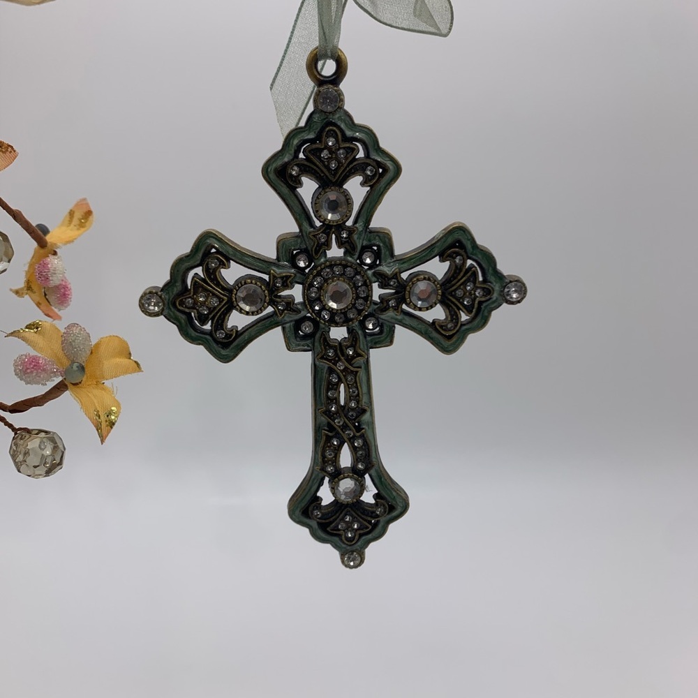 Vintage Marbled Sage Green Ornate Jeweled Hanging Cross With Organza Ribbon 5”